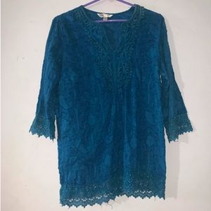 🎄- Krazy Kat sz Large Peacock Blue Embroidered & Lace Tunic
